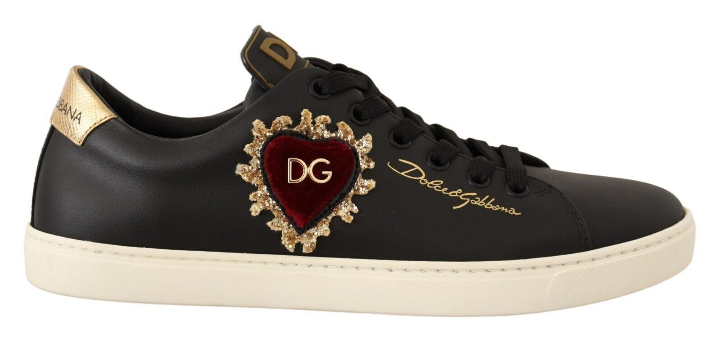 Elegant Gold Heart Embroidered Leather Sneakers