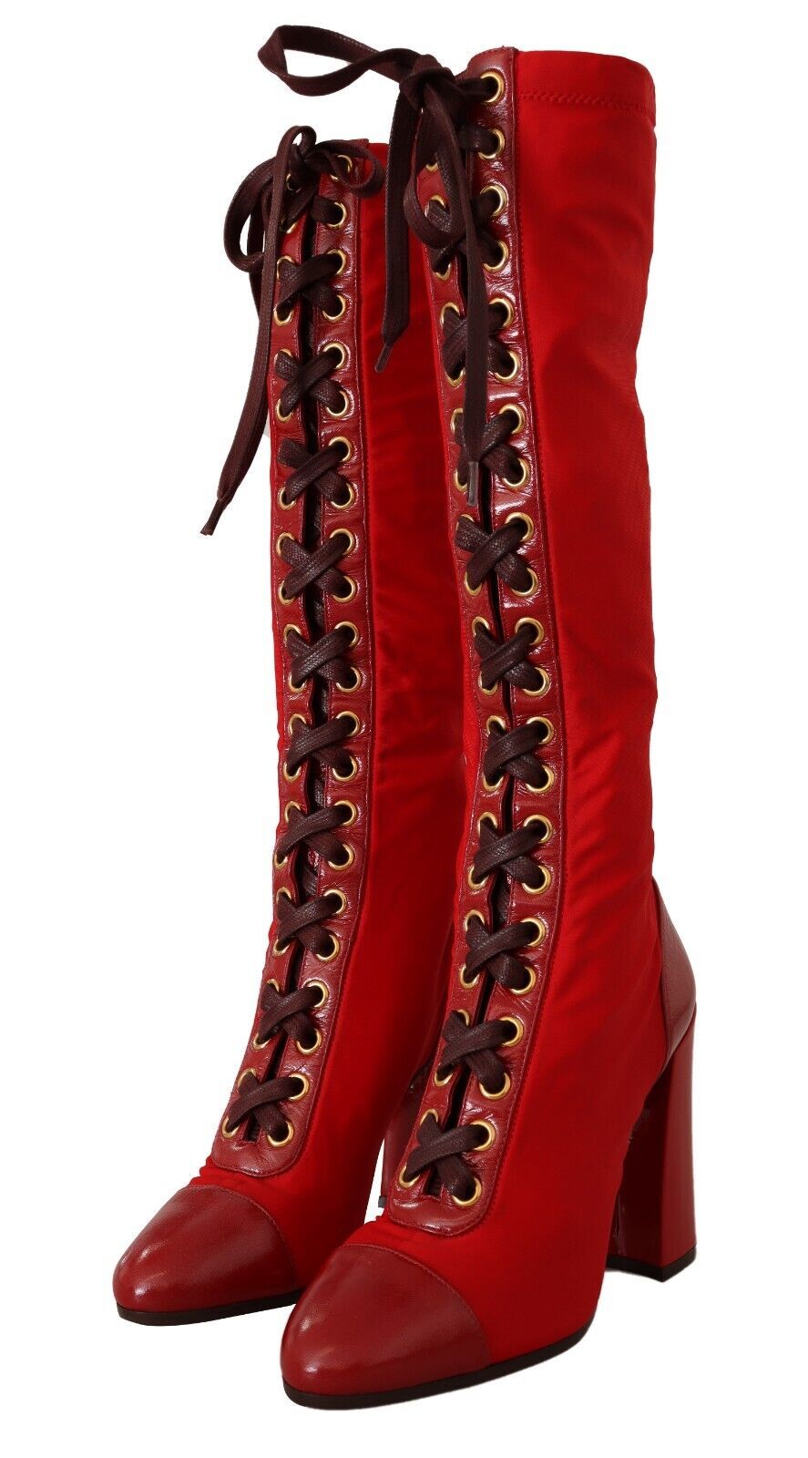 Red Lace-Up Knee High Leather Boots