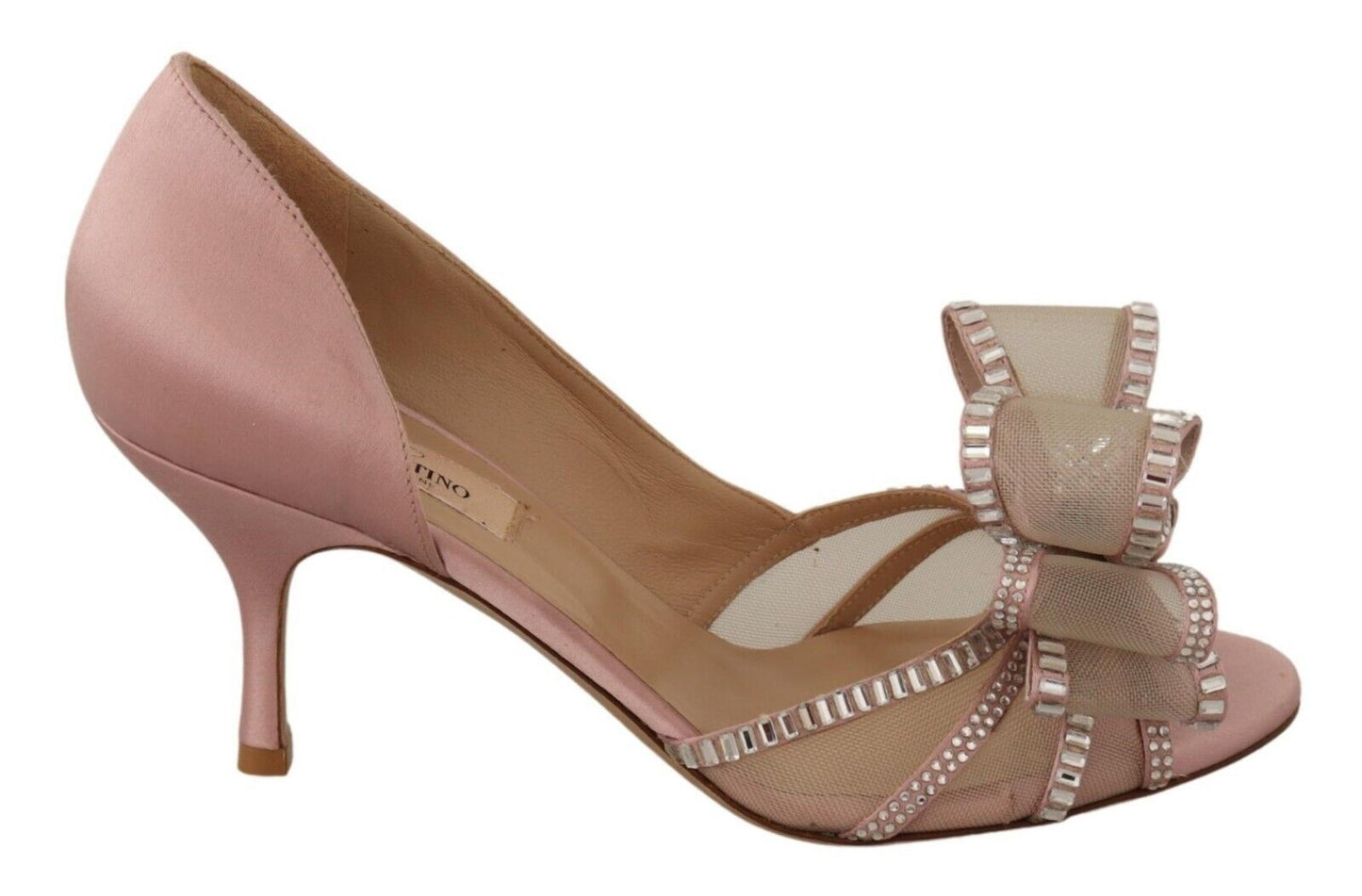 Elegant Pink Satin Crystal Bow Heels