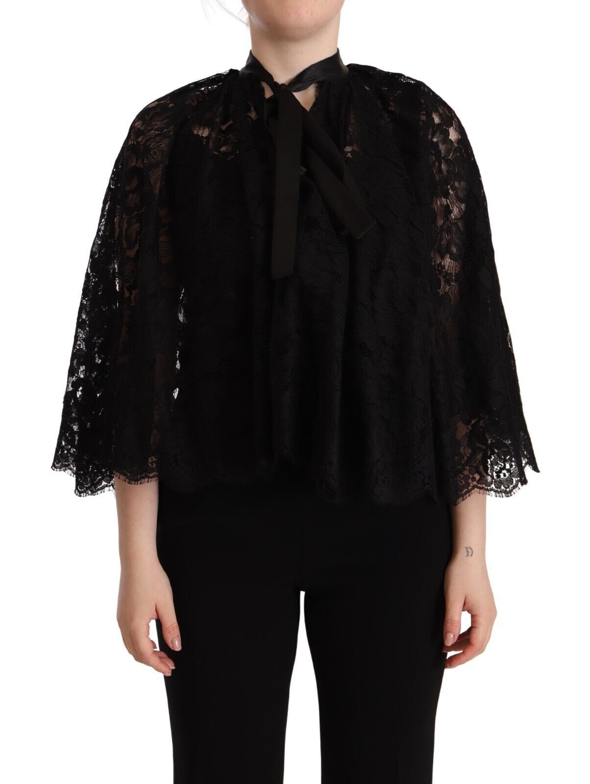 Black Floral Lace Shoulder Wrap Sweater