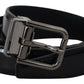 Black Leather Silver Tone Metal Buckle Men Belt
