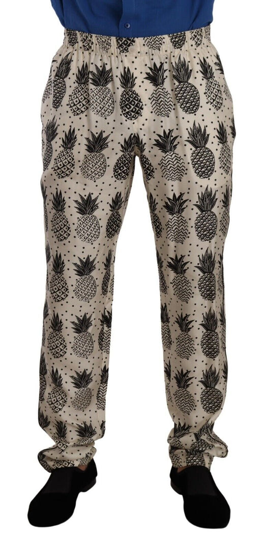 White Pineapple Silk Men Lounge Trouser Pants