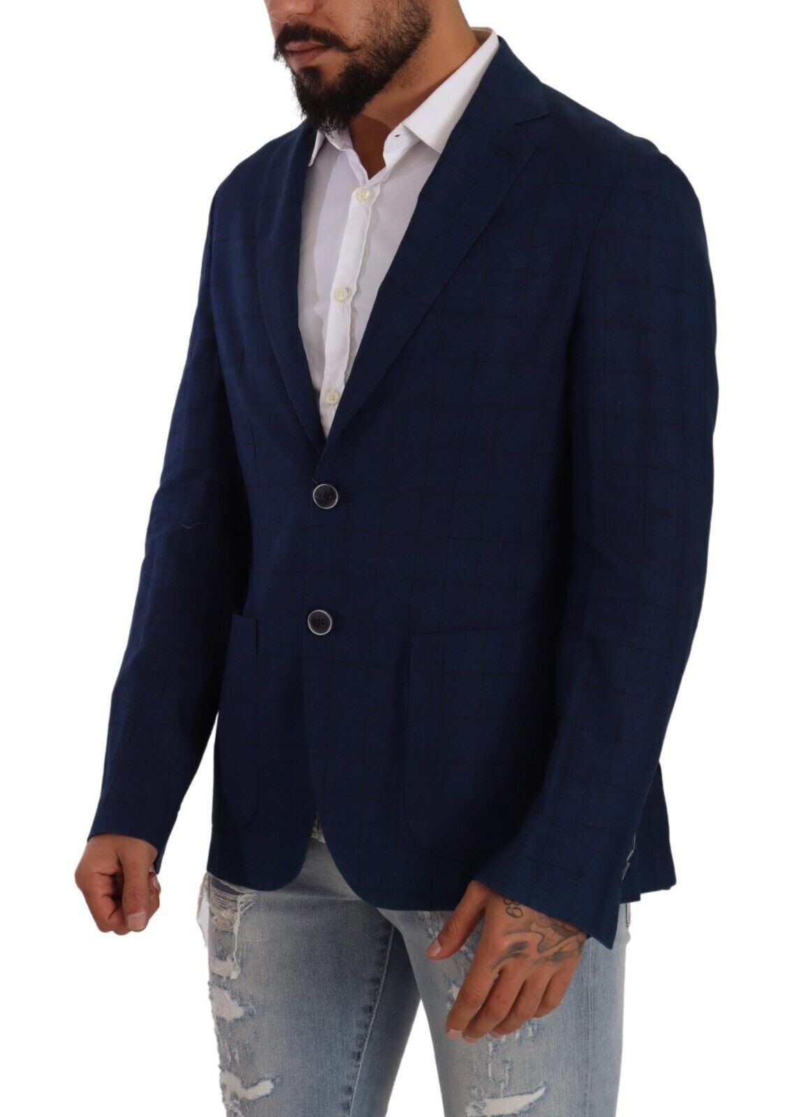 Navy Blue Check Single Breasted Blazer