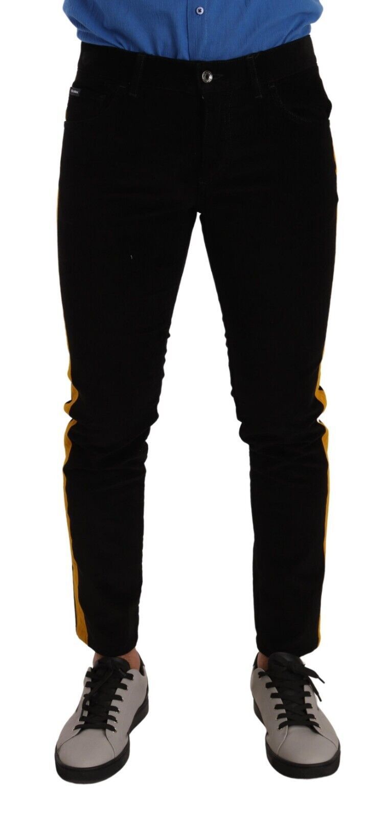 Slim Fit Black Denim Jeans with Yellow Stripe