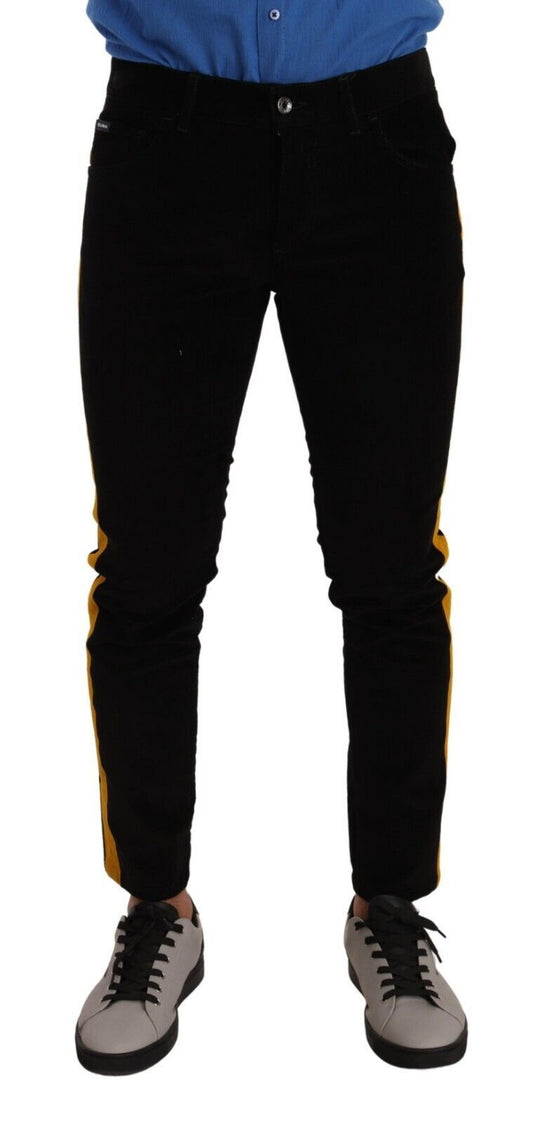 Slim Fit Black Denim Jeans with Yellow Stripe