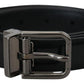 Black Leather Silver Tone Metal Buckle Men Belt