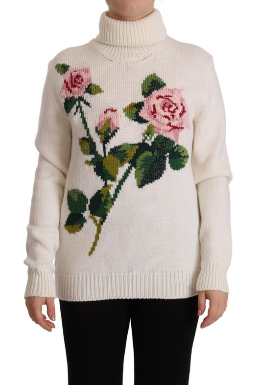 White Floral Knitted Turtle Neck Pullover Sweater