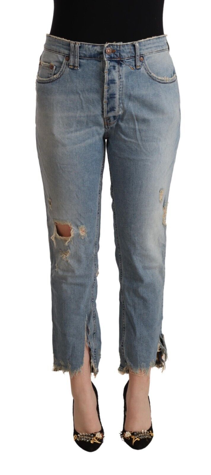 Light Blue Distressed Mid Waist Cropped Denim Jeans