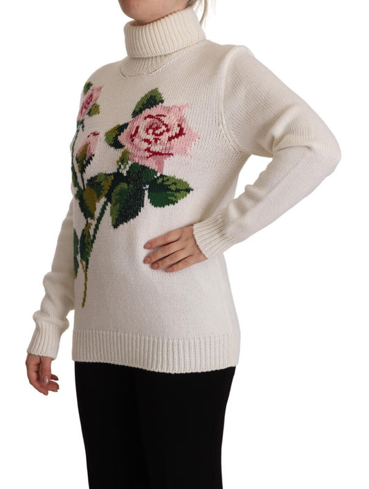 White Floral Knitted Turtle Neck Pullover Sweater