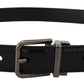 Black Leather Silver Tone Metal Buckle Men Belt