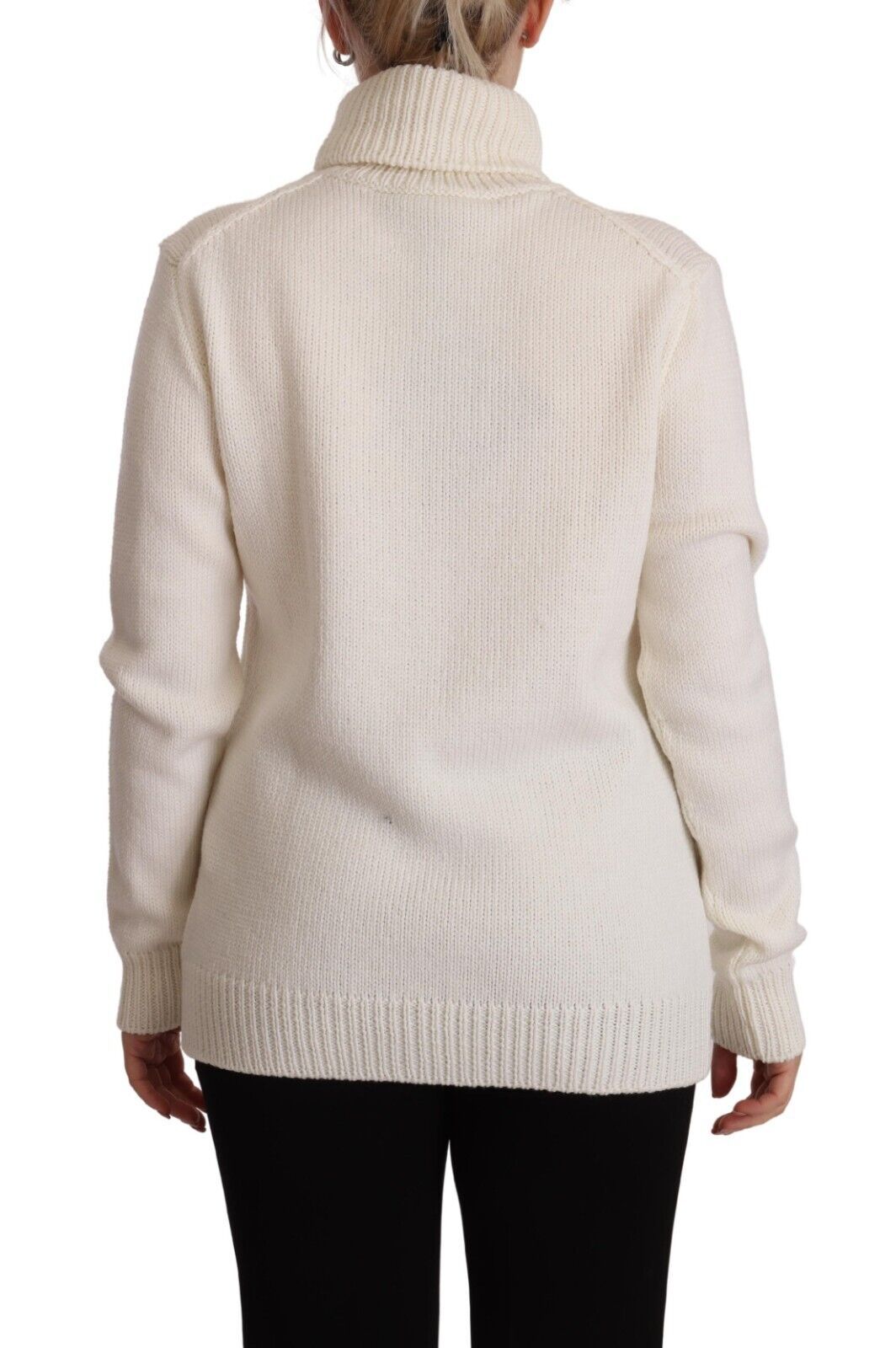 White Floral Knitted Turtle Neck Pullover Sweater