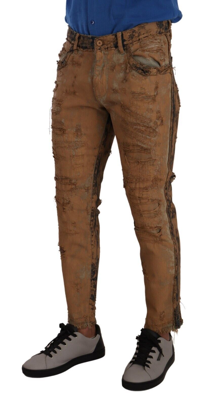 Brown Distressed Cotton Skinny Men Denim Jeans