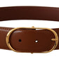 Brown Leather Gold Metal Oval Buckle Belt
