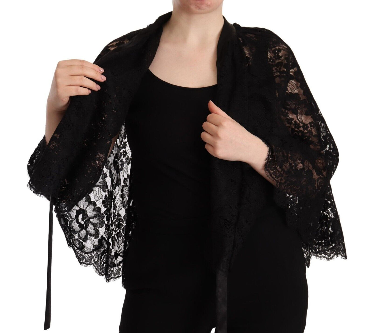 Black Floral Lace Shoulder Wrap Sweater