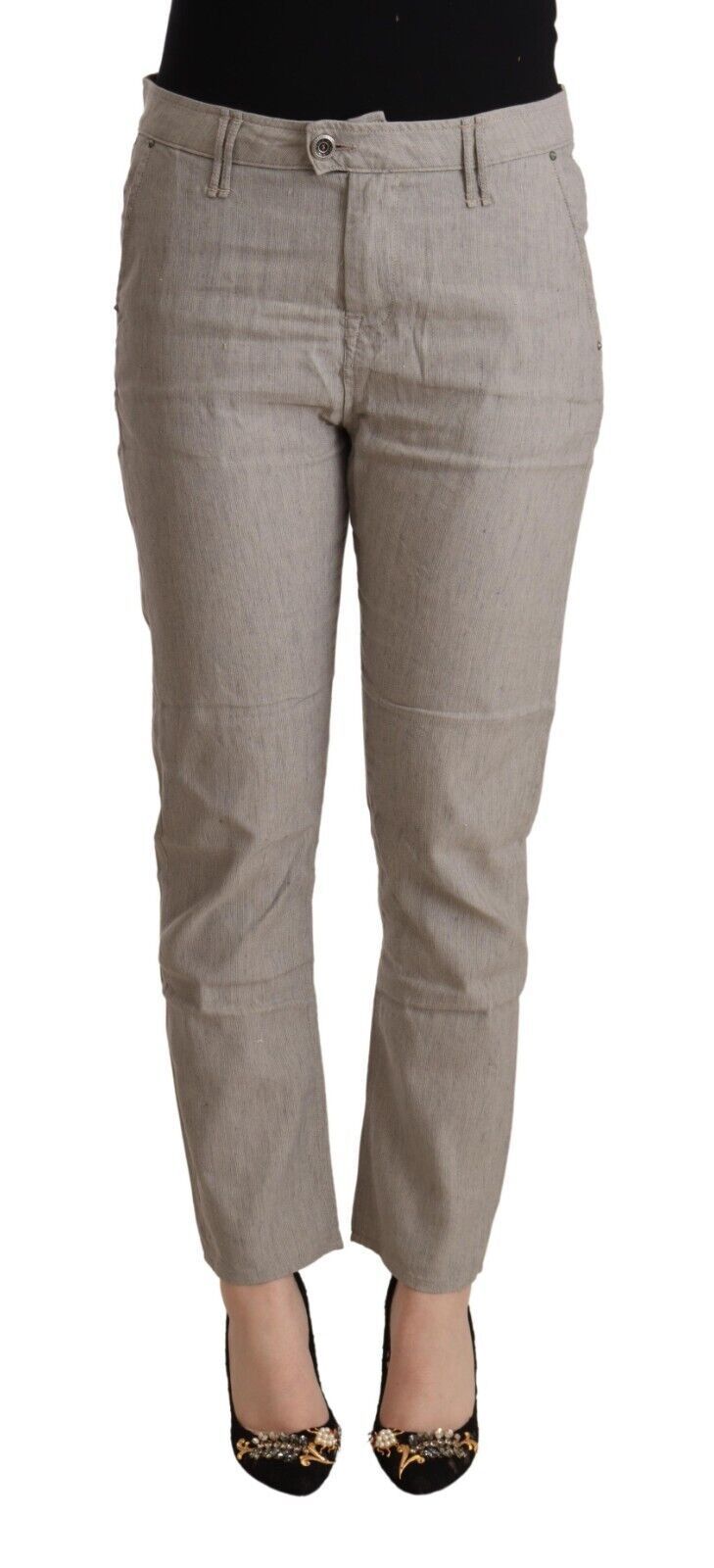 Light Gray Linen Blend Mid Waist Tapered Pants