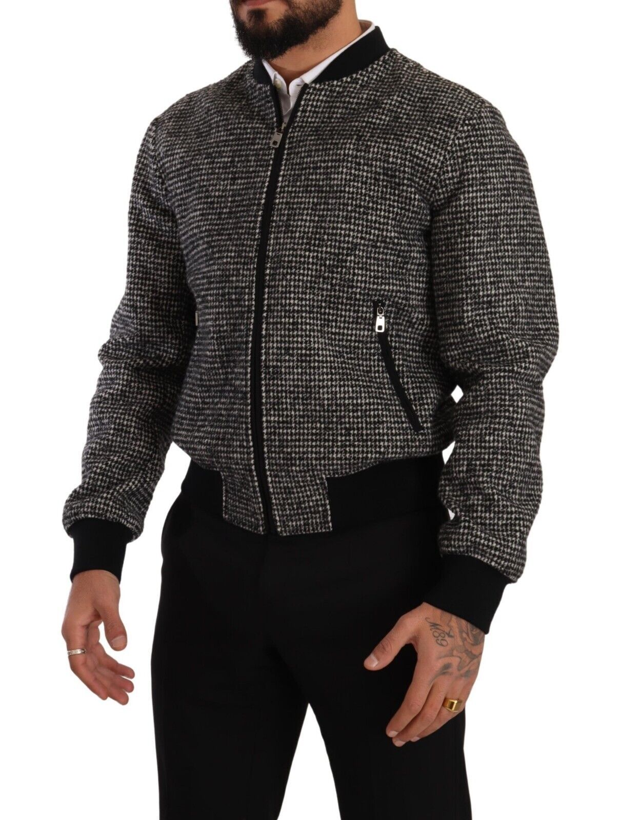 Elegant Houndstooth Bomber Jacket