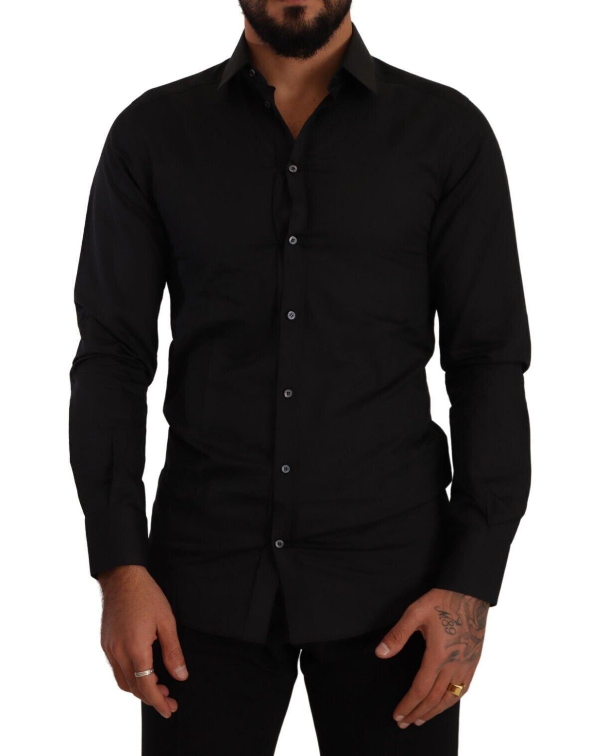 Elegant Slim Fit Black Cotton Silk Dress Shirt