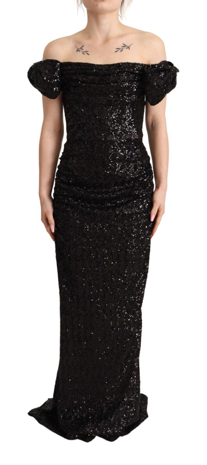 Black Sequined Off Shoulder Gown Sheath Dress