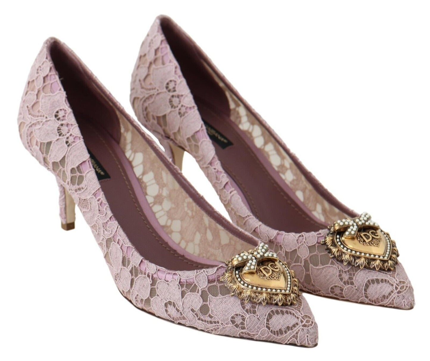 Elegant Pink Lace Heels with Heart Embellishment