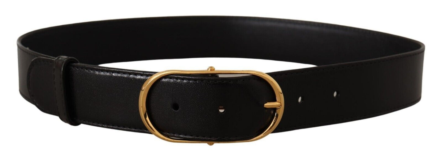 Elegant Black Leather Belt with Gold Oval Buckle