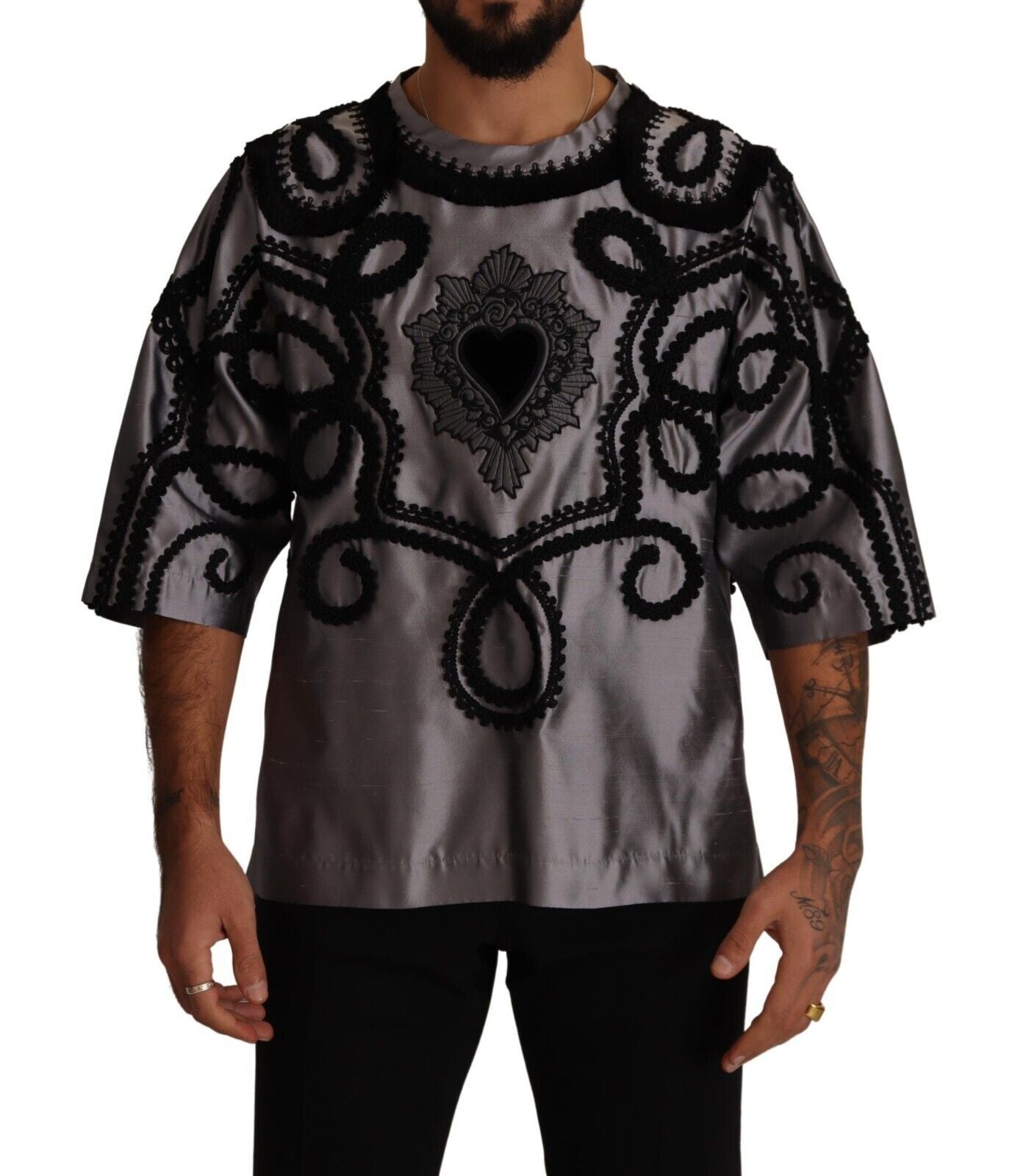 Silk Crew Neck Tee with Sacred Heart Embroidery