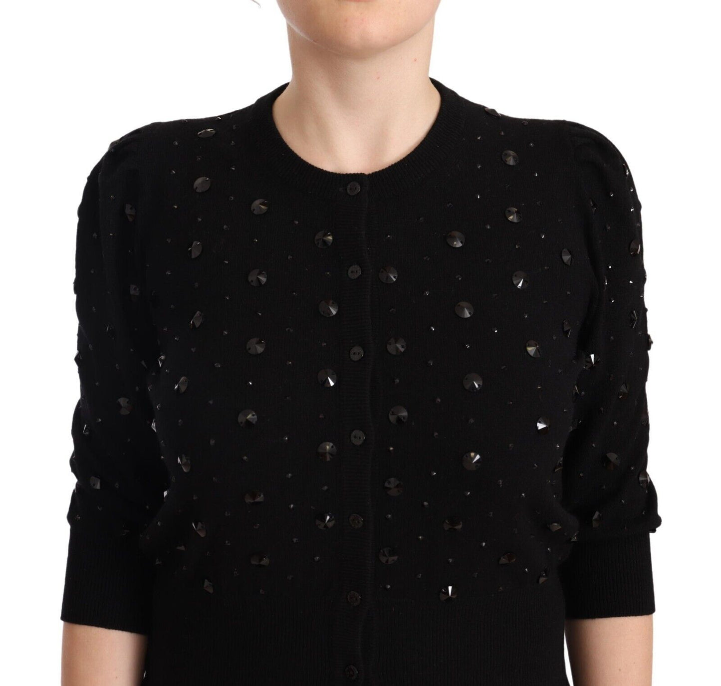 Elegant Black Cashmere Crystal Cardigan