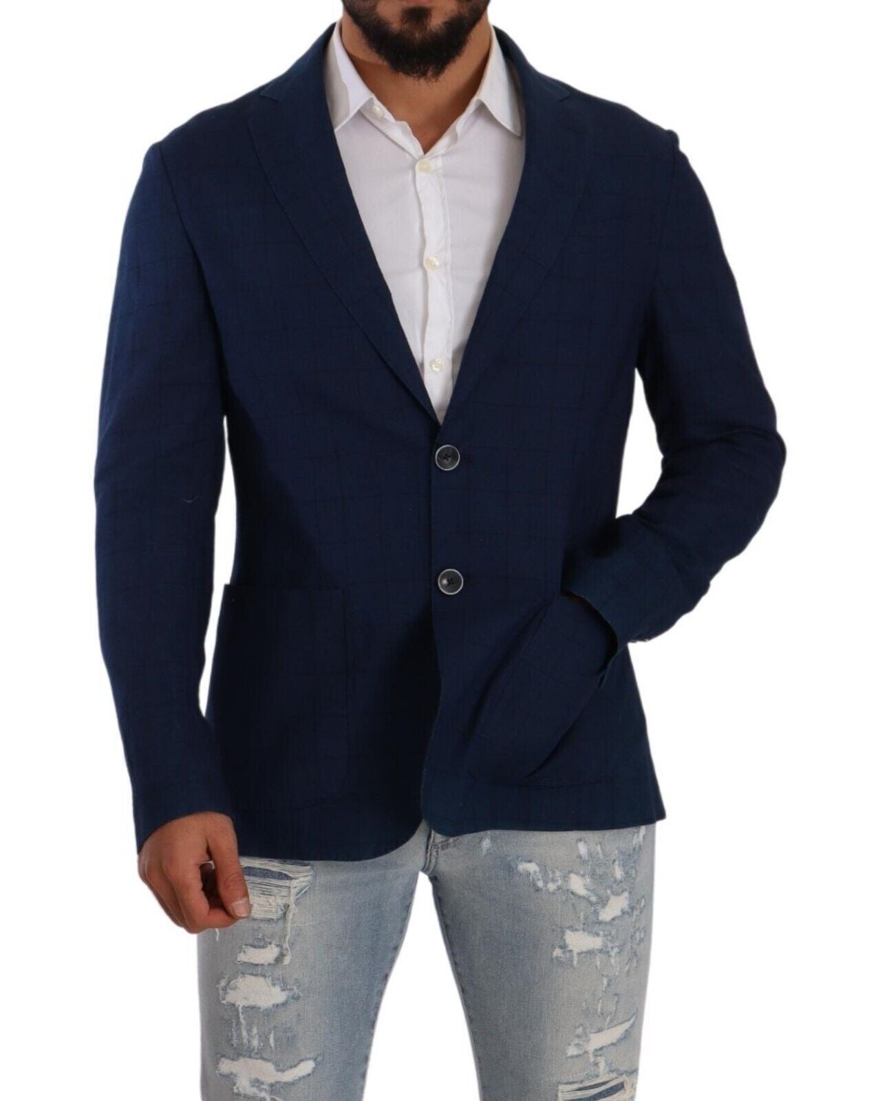 Navy Blue Check Single Breasted Blazer