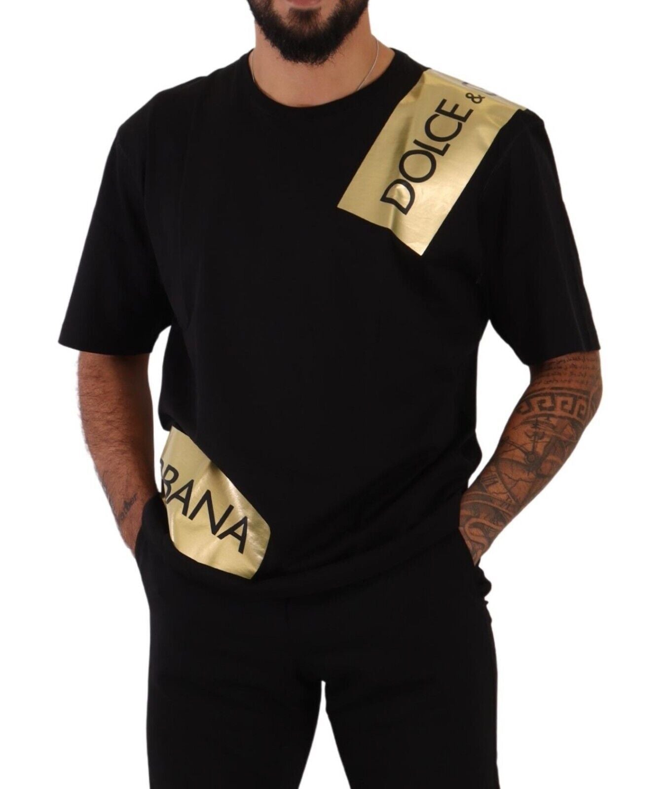 Elegant Black Cotton Tee with Gold Logo