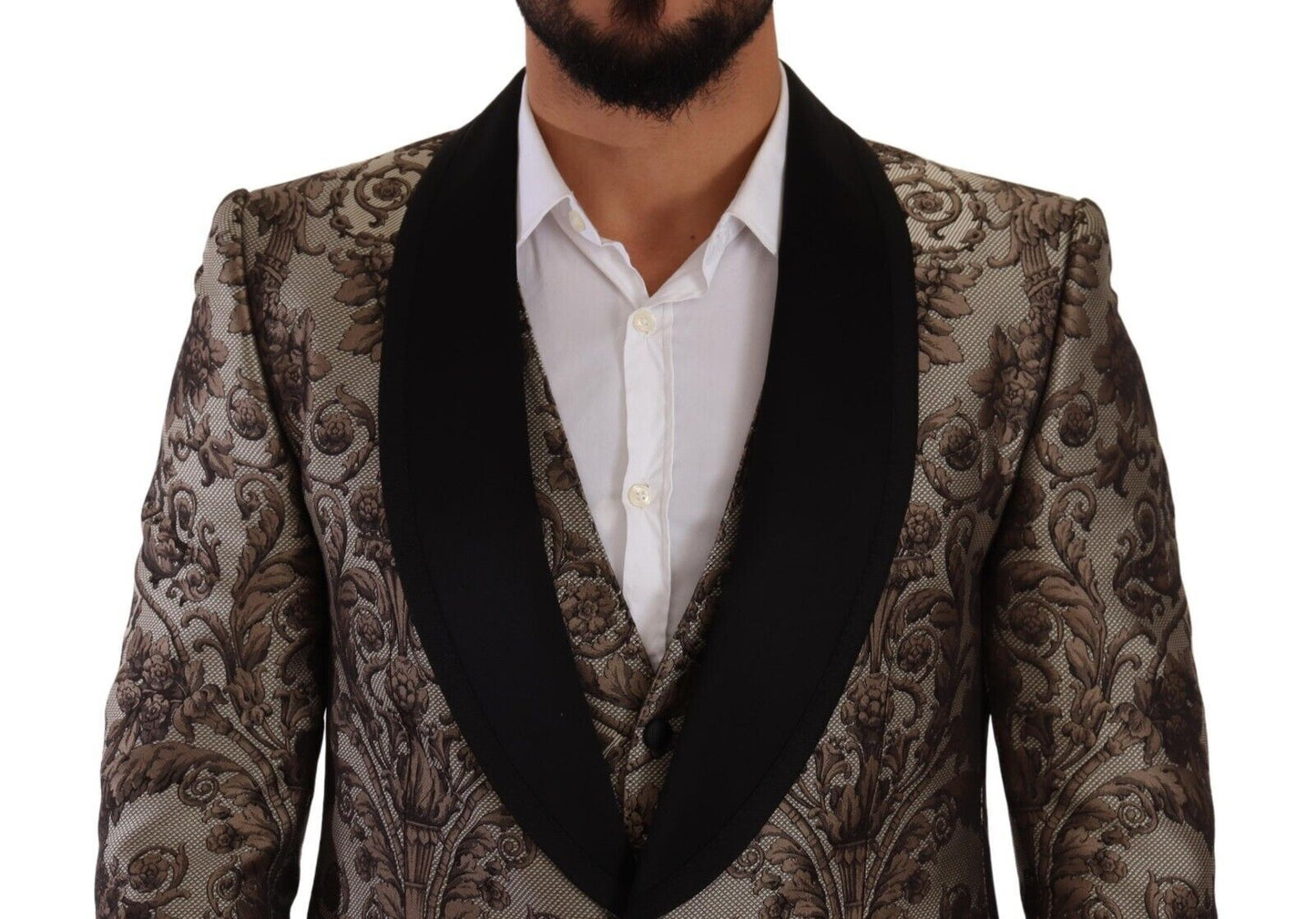 Elegant Brown Gray Jacquard Men's Suit