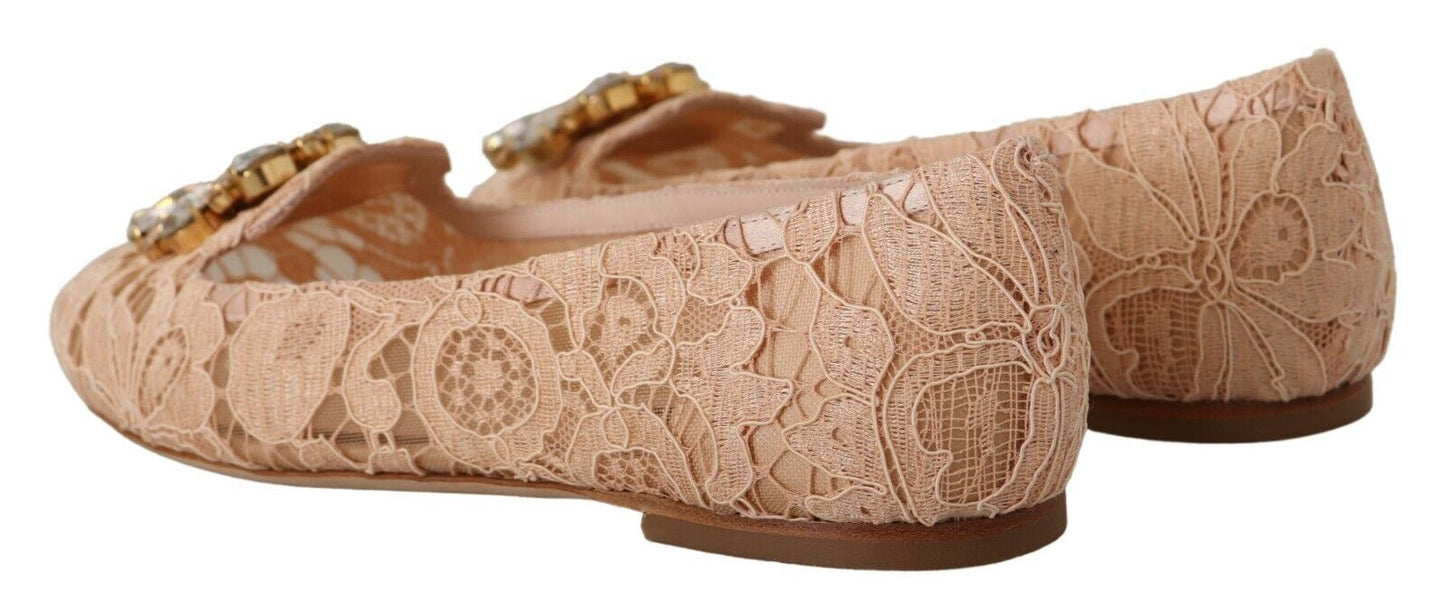 Elegant Beige Lace Ballet Flats with Crystal Buckle