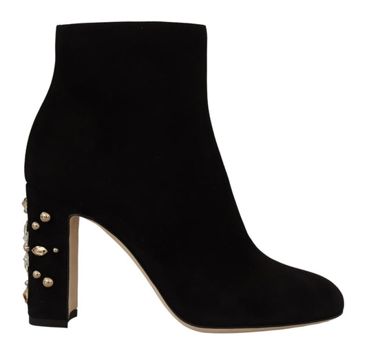 Black Suede Leather Crystal Heels Boots Shoes