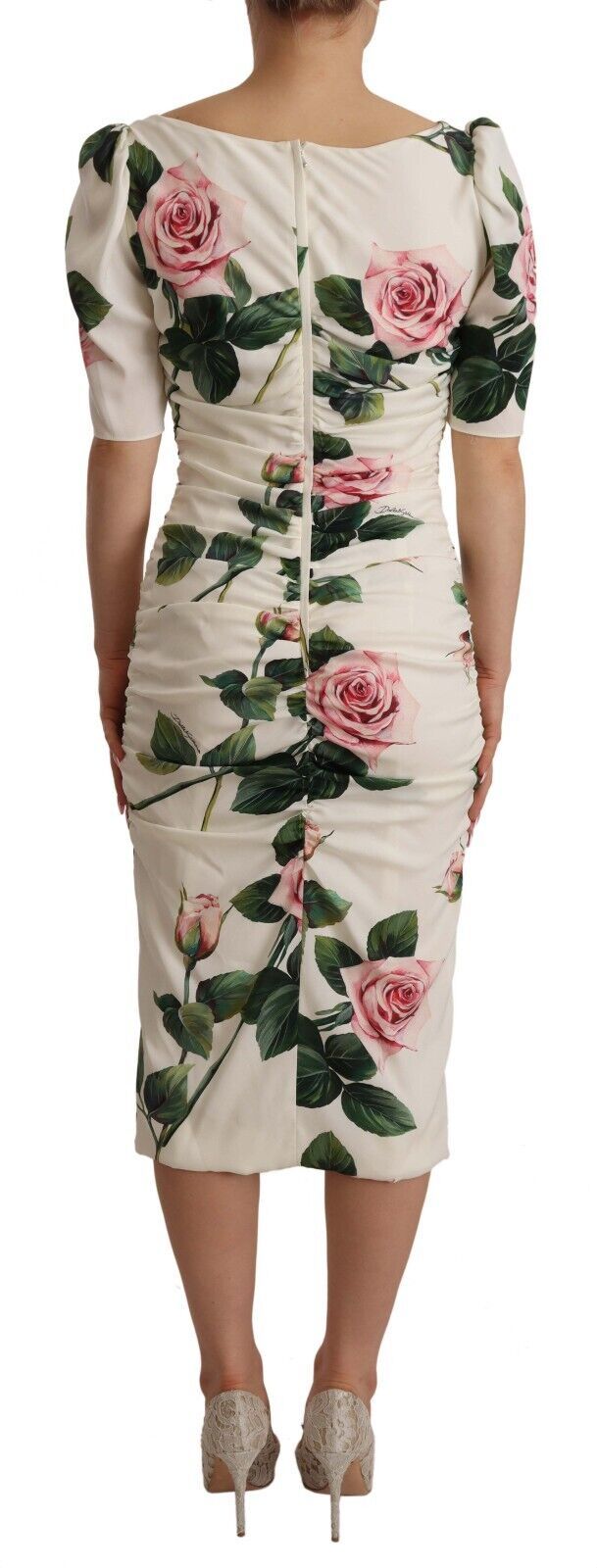 White Roses Print Stretch Silk Pleated Dress