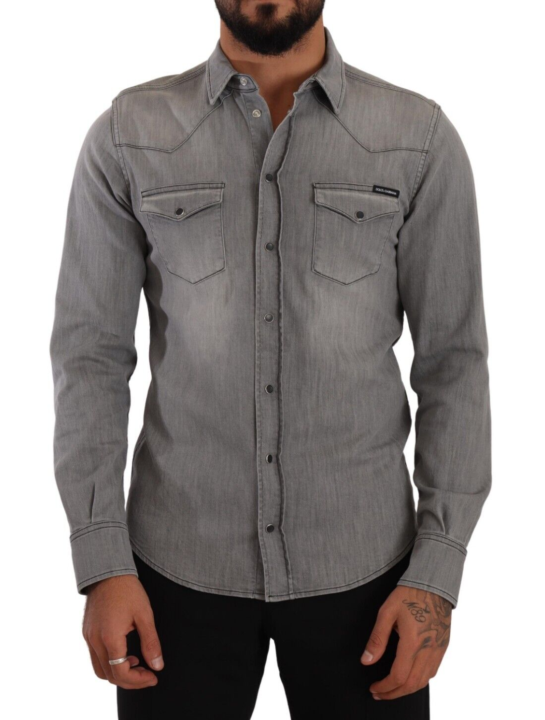 Sleek Gray Cotton Slim Fit Denim Shirt