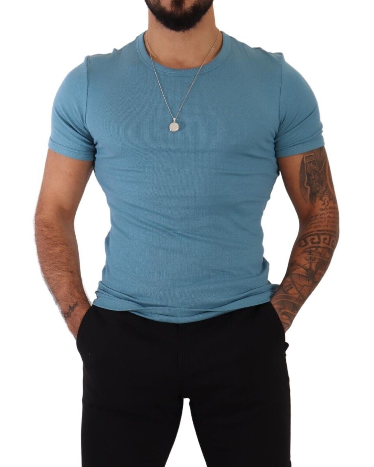 Elegant Blue Cotton Blend Round Neck Tee