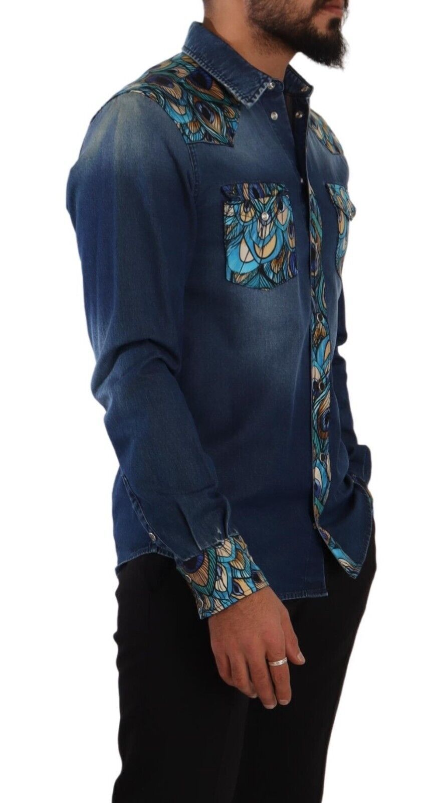 Peacock Print Cotton Denim Button-Down Shirt