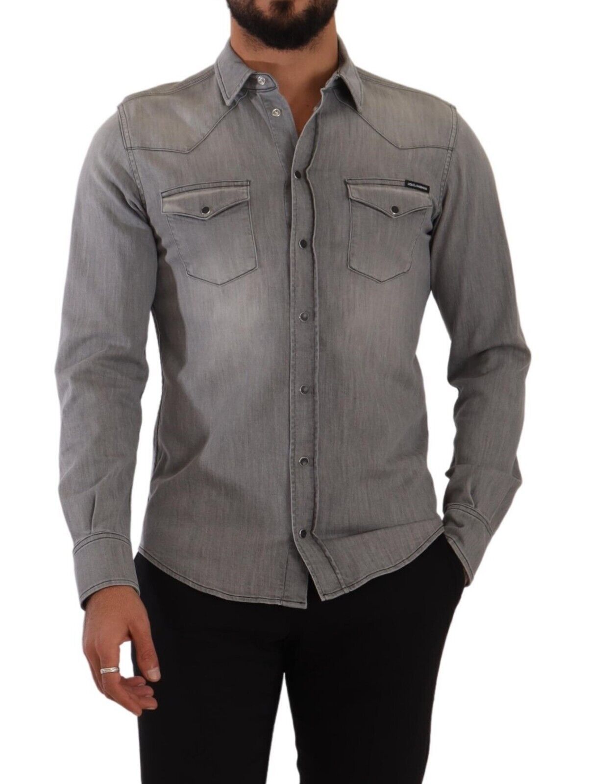 Sleek Gray Cotton Slim Fit Denim Shirt