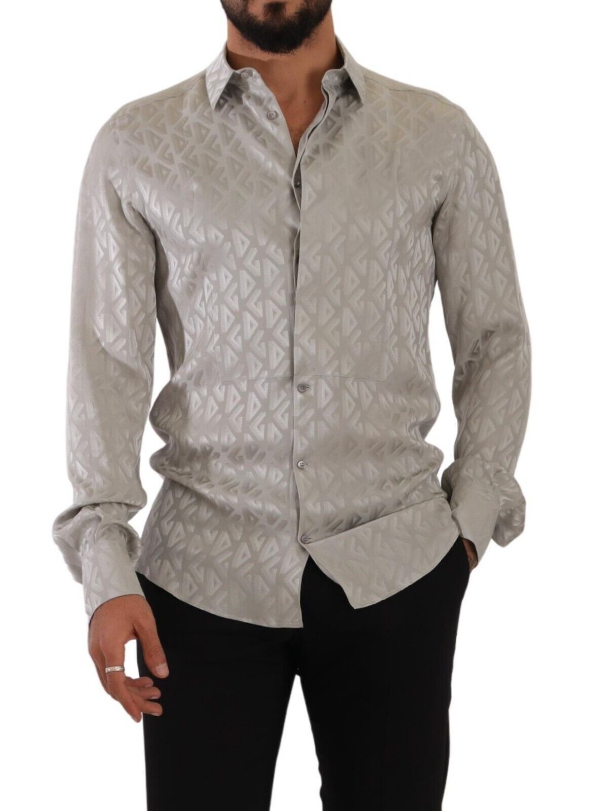 Sleek Metallic Grey Silk Dress Shirt