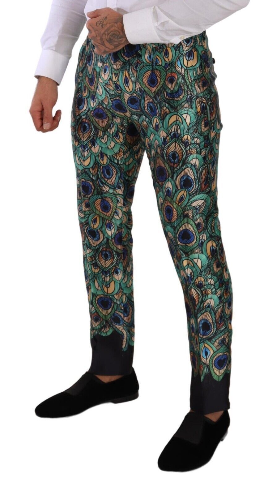 Peacock Feather Print Silk Skinny Pants