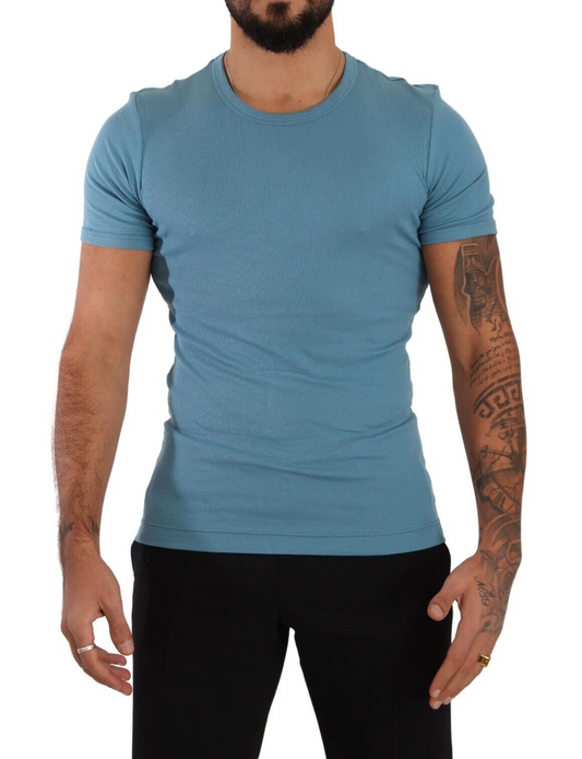 Elegant Blue Cotton Blend Round Neck Tee