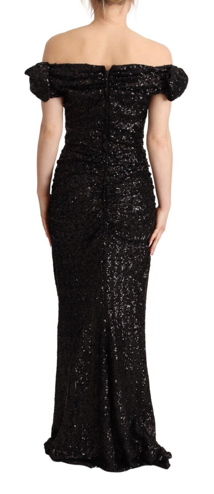 Black Sequined Off Shoulder Gown Sheath Dress