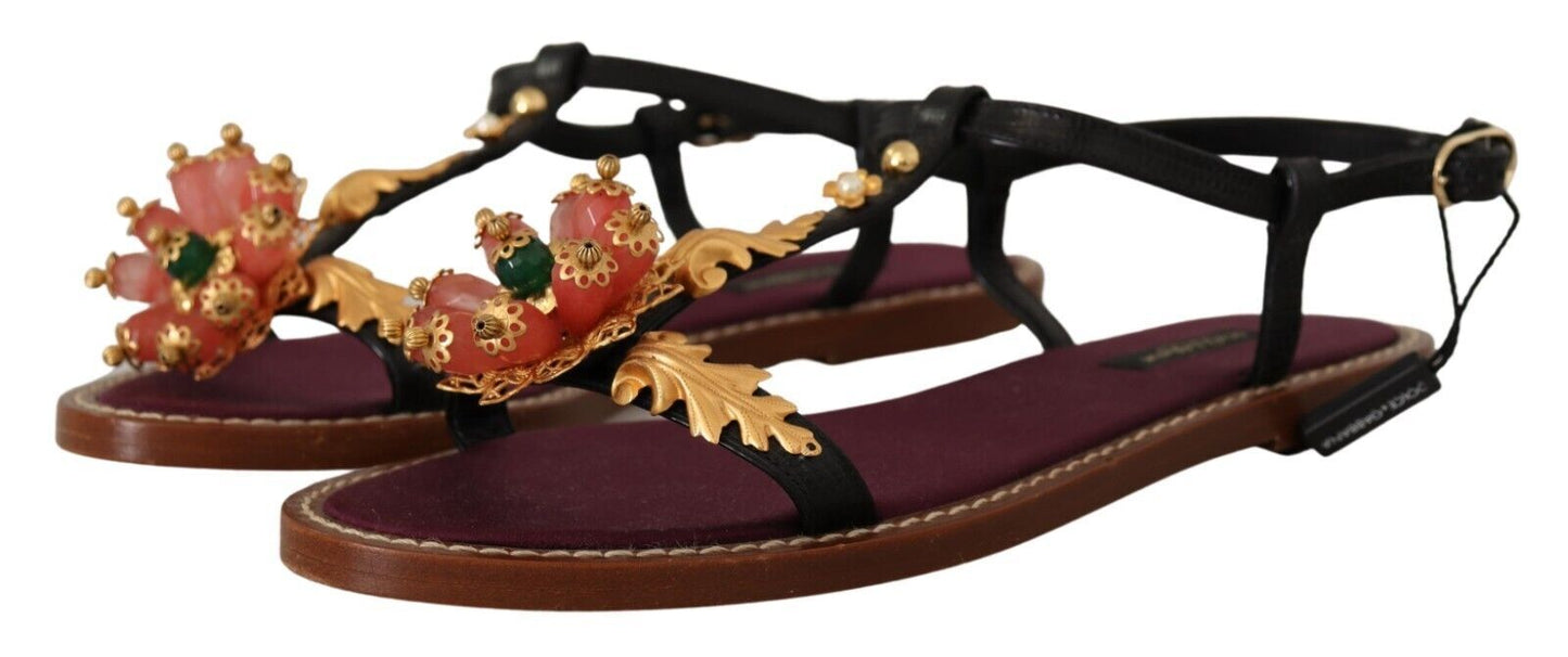 Embroidered Flat Leather Sandals