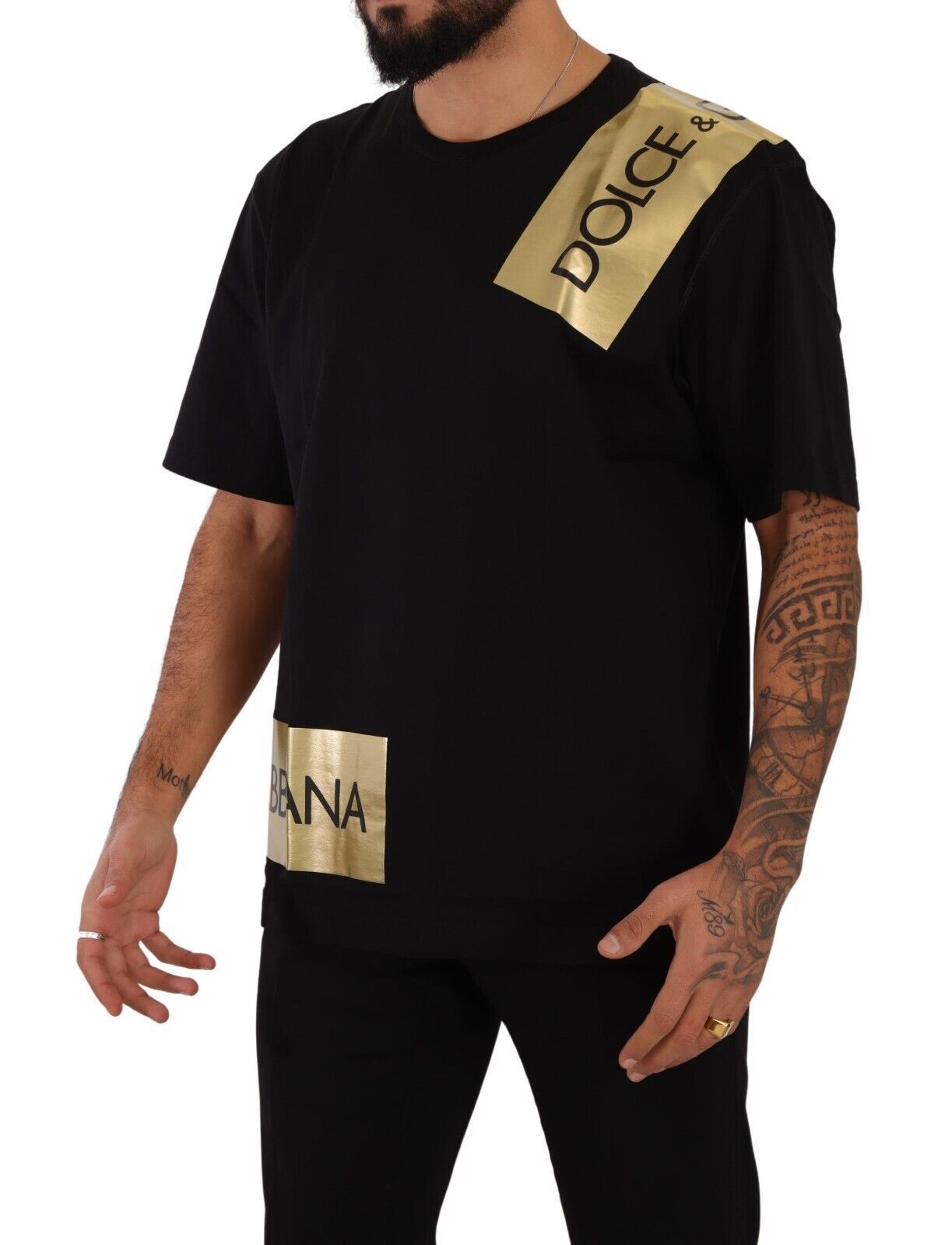 Elegant Black Cotton Tee with Gold Logo