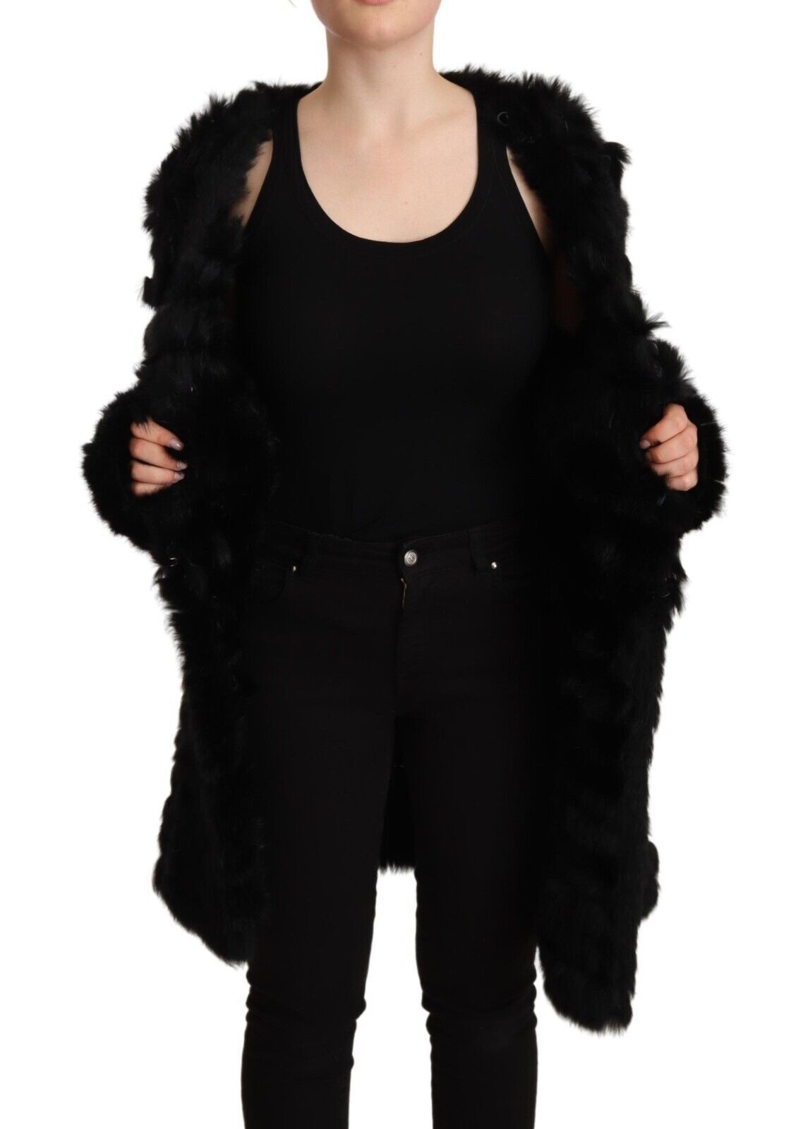 Black Rabbit Fur Cardigan Long Sleeves Jacket