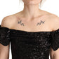 Black Sequined Off Shoulder Gown Sheath Dress