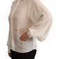 Off White Silk Long Sleeves Collared Blouse Top