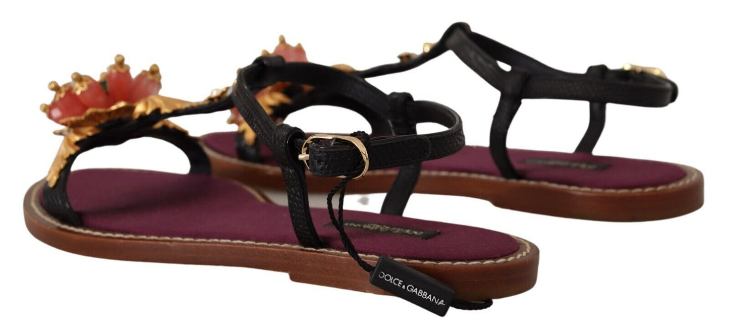 Embroidered Flat Leather Sandals