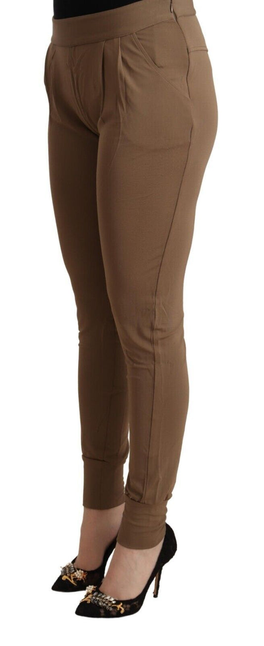 Brown Viscose Mid Waist Slim Tapered Pants