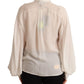 Off White Silk Long Sleeves Collared Blouse Top