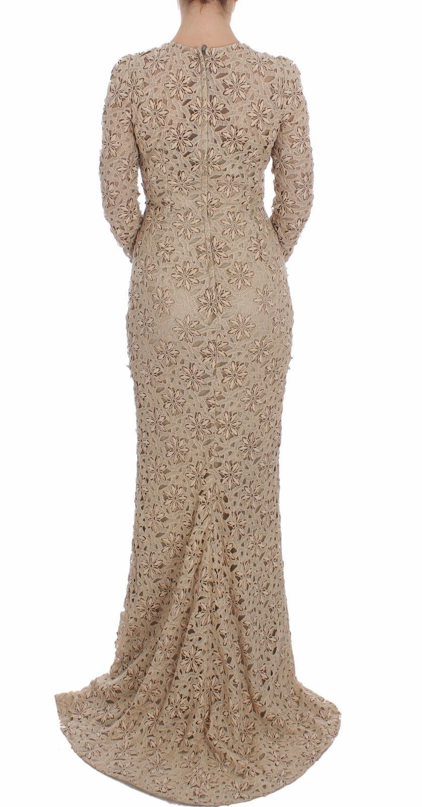 Beige Floral Lace Long Sleeve Maxi Dress