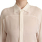Off White Silk Long Sleeves Collared Blouse Top